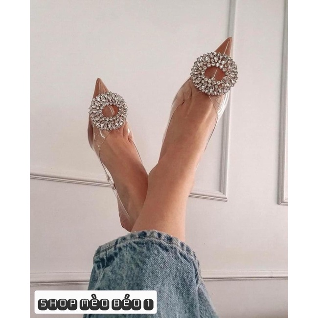 Sandal zara mica trong tag đá tròn gót nhọn xuất dư fullbox