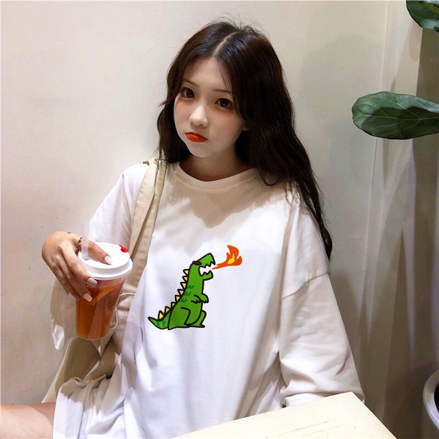 Áo thun tay lỡ trắng basic unisex nam nữ Khủng Long dáng rộng, áo phông nam nữ dáng oversize phong cách Hàn Quốc