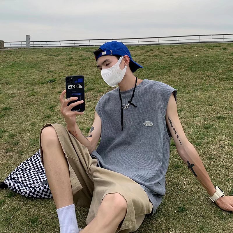 Áo Sweater Dệt Kim Sát Nách Dáng Rộng Màu Sắc Đơn Giản Phong Cách Harajuku Cho Nam