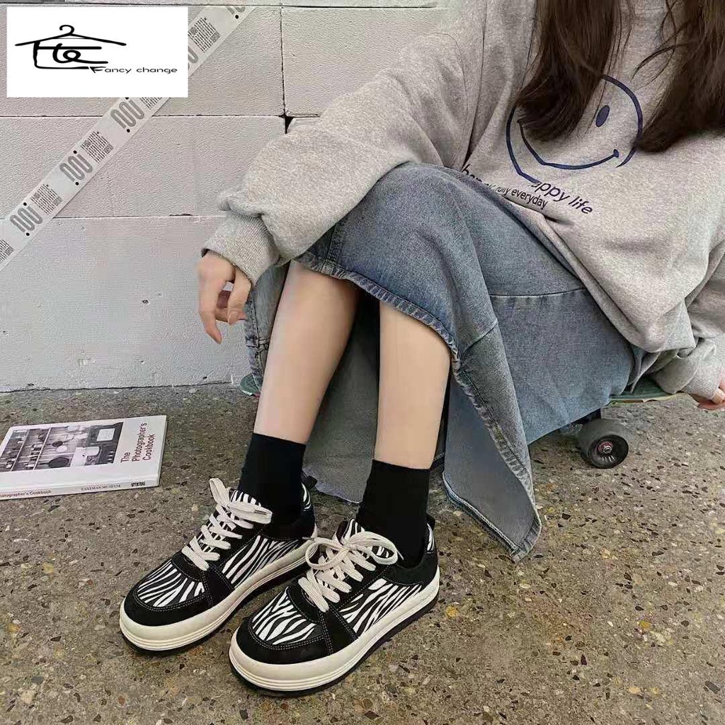 Giày Thể Thao Đen In Họa Tiết Ngựa Vằn Phong Cách Hàn Quốc Dễ Phối Đồ Thời Trang 2020 Cho Nữ