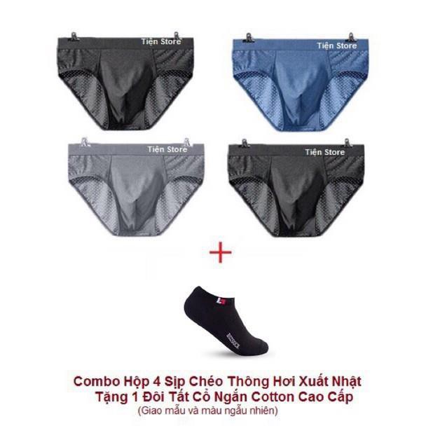 Hộp 4 Quần Sịp Tam Giác Thông Hơi + 1 Đôi Tất Ngắn Cổ,.