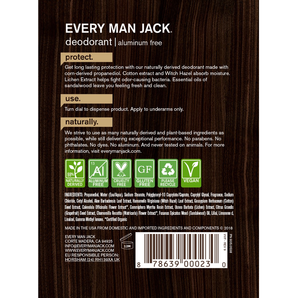 [FREESHIP-HÀNG AUTH] Lăn Sáp Khử Mùi Every Man Jack Sandalwood ( Tránh Dị Ứng )