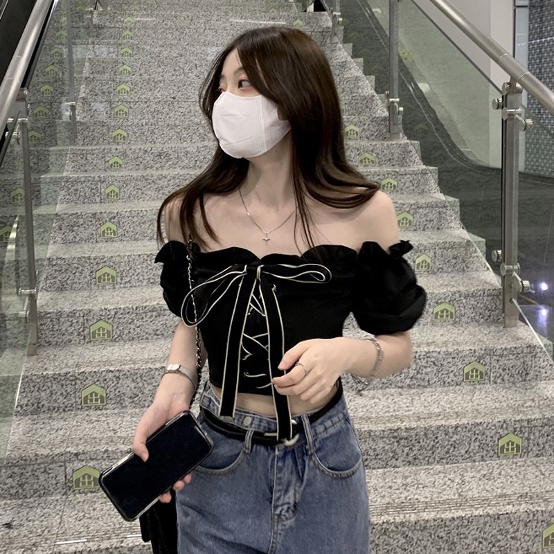 Áo Croptop Trễ Vai Tay Ngắn Phối Dây Cột Phong Cách Hàn Quốc Quyến Rũ Dành Cho Nữ