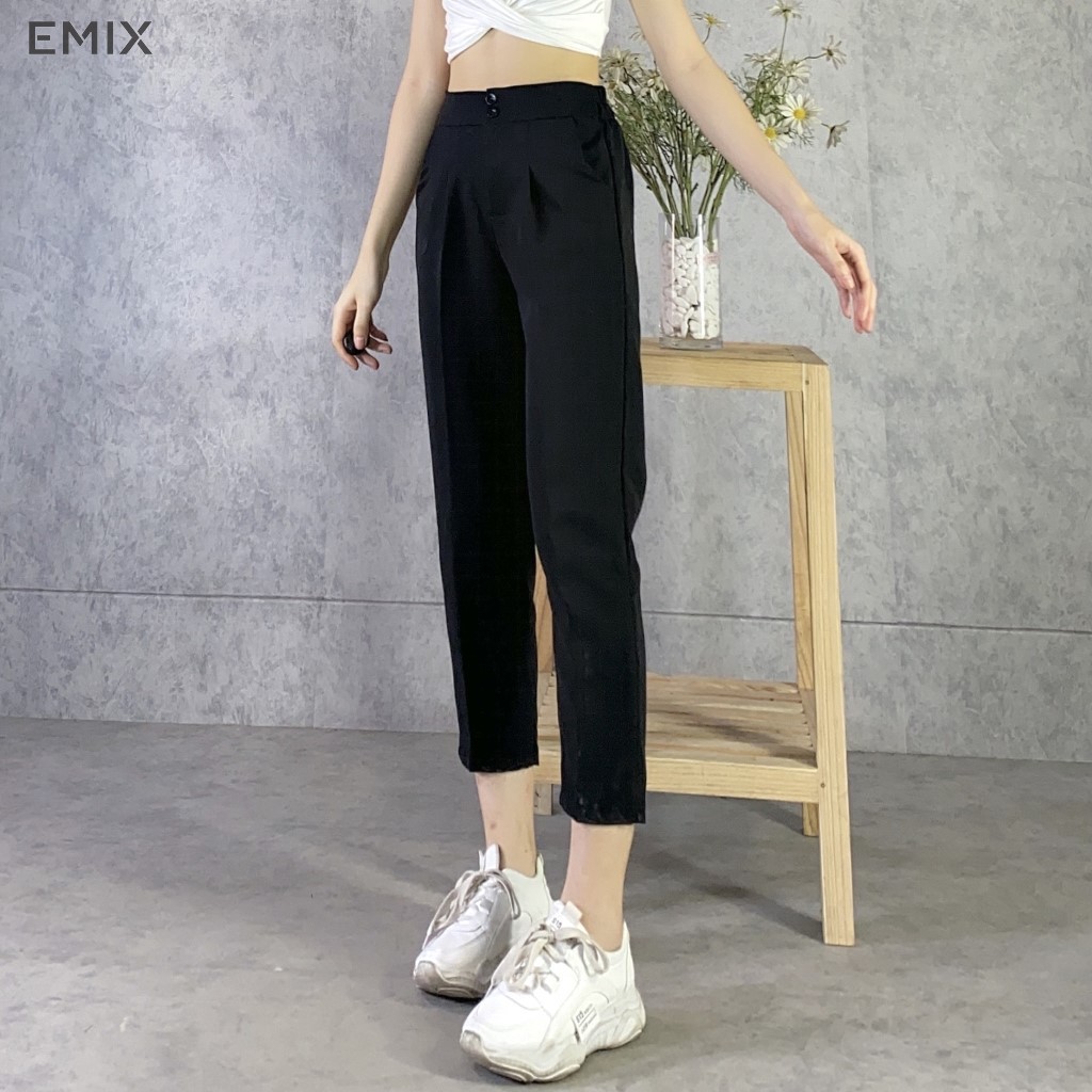 Quần tây nữ baggy 2 cúc EMIX (màu đen), dáng dài, cạp cao, bản to, form rộng, lưng chun, vải tuyết mưa, mềm mịn 066
