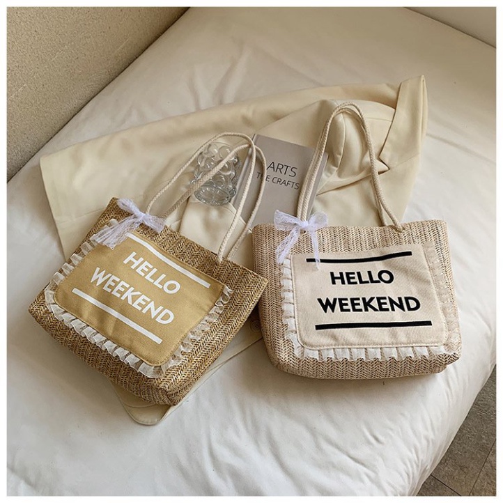Túi Cói Du Lịch Đi Biển LUHAZO Hello Weekend Phối Ren Sang Chảnh Phong Cách Hàn Quốc