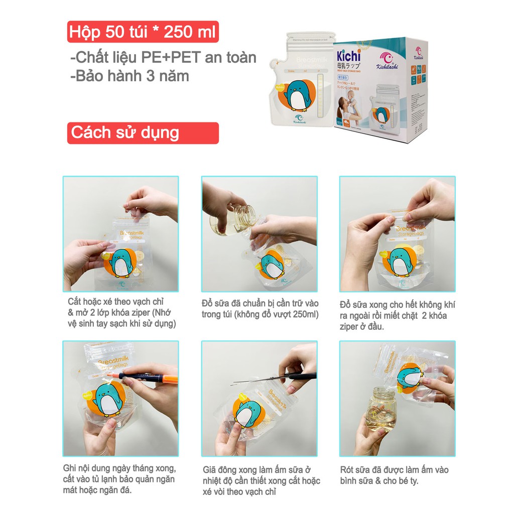 10 - 50 Túi trữ sữa 250ml không BPA, không mùi & 2 khóa zip an toàn cho Bé KICHILACHI