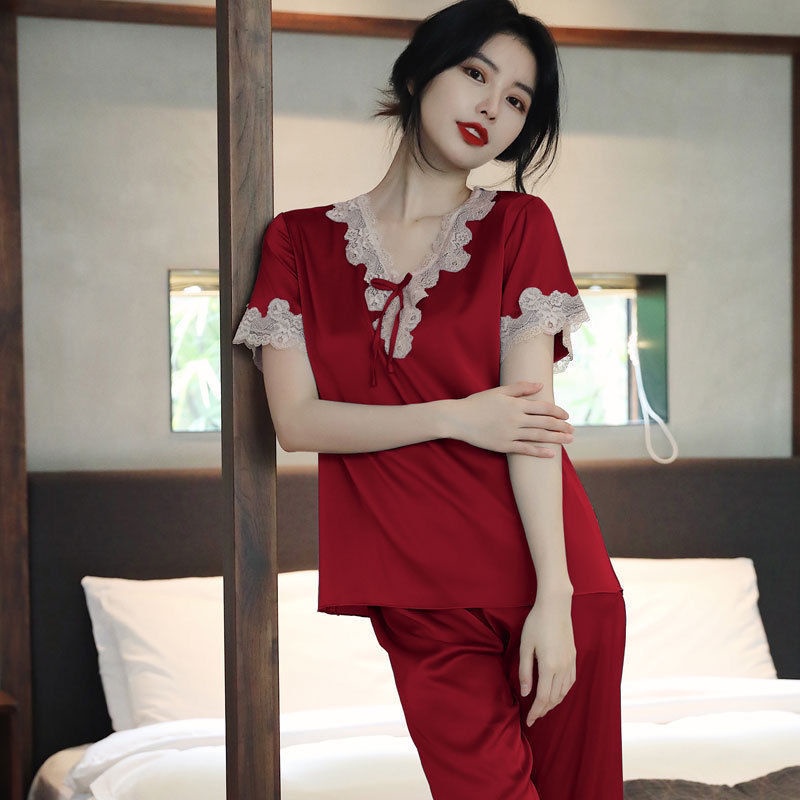 Đầm Ngủ Tay Ngắn Chất Lụa Phối Ren Quyến Rũ Thời Trang Xuân Thu Phong Cách Hàn Quốc Cho Nữ