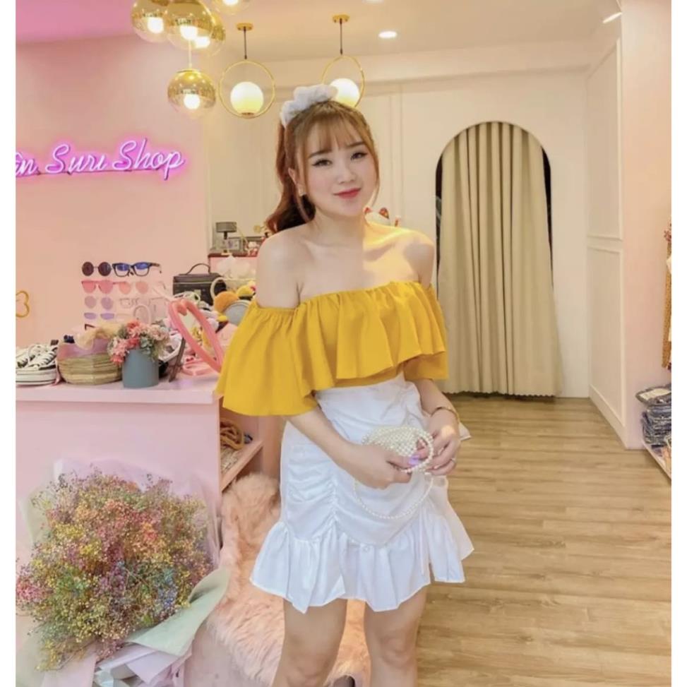 Sét bộ váy nhúm xoè phối áo voan bèo bệt vai đủ màu, Set váy áo nữ mặc kiểu mới siêu hot Siêu xinh