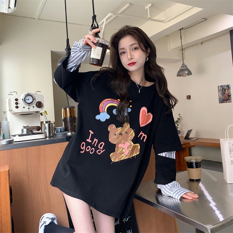 ZHELIHANGFEI Áo Thun Giả Hai Lớp Dáng Rộng In Hình Gấu Thời Trang Dễ Phối Đồ