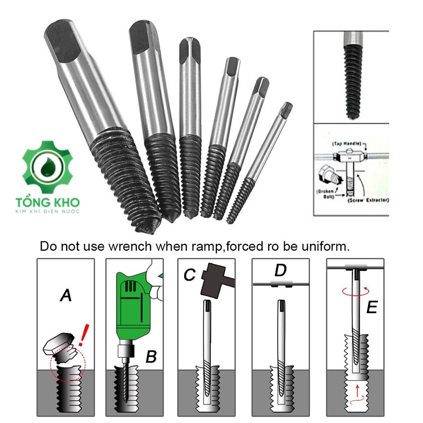 Bộ mũi vít nhổ ốc gãy, bộ tháo bu lông ốc vít trờn ren, mũi vặn ốc vít hư, tháo vít gãy toét- Tổng kho kim khí điện nước