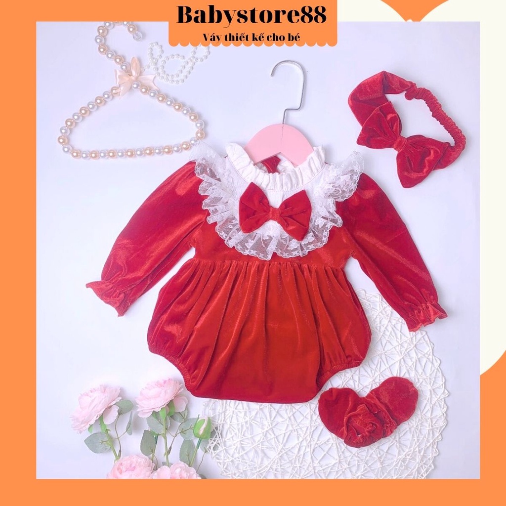 Bodysuit cho bé gái sơ sinh 0.1.2 tuổi  BABYSTORE88 - bộ body nhung đỏ dài tay thu đông bé thiết kế cao cấp V63