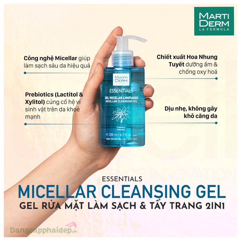Gel rửa mặt, tẩy trang 2 trong 1 - Martiderm Essentials Micellar Cleansing Gel 200ml