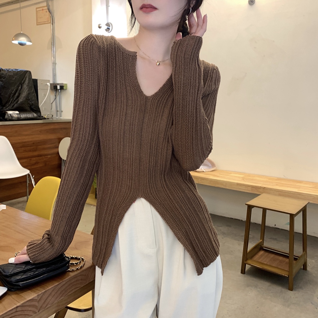 Áo Sweater Dệt Kim Cổ Chữ V Dáng Ôm Xẻ Tà Kiểu Hàn Quốc Thời Trang Mùa Thu Cho Nữ