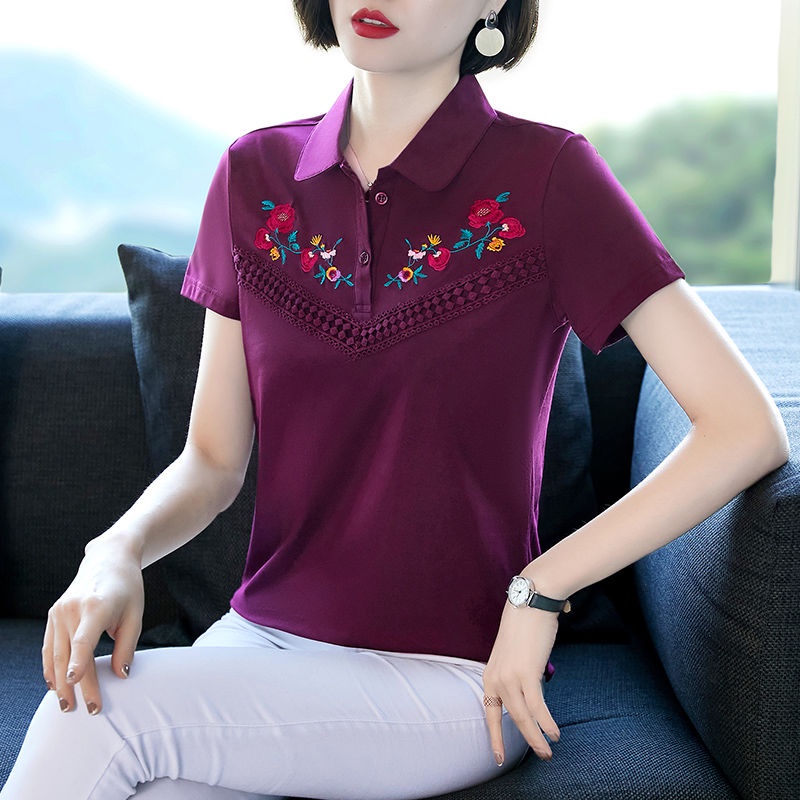 Áo thun cotton ngắn tay thêu họa tiết thời trang dành cho phụ nữ trung niên