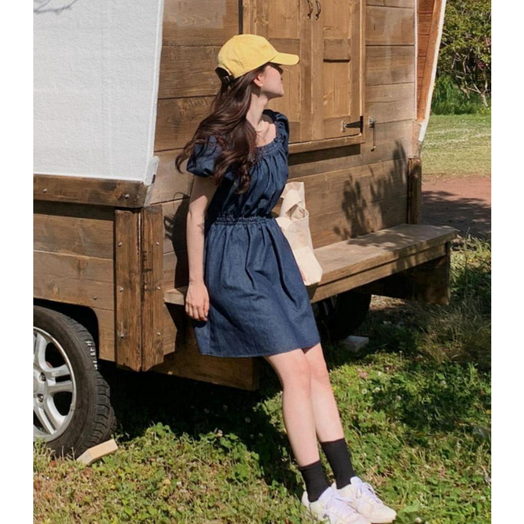 Đầm Denim Cổ Vuông Lưng Thun Dễ Thương Phong Cách Hàn Quốc 52802