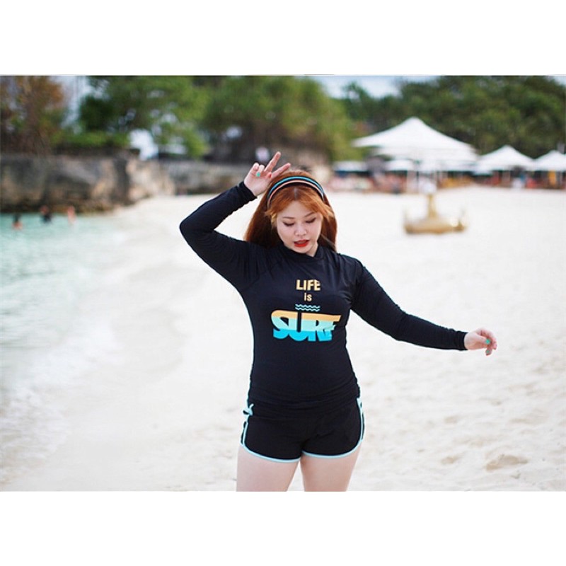 bộ bơi short màu đen big size 4 manh tay dài in chữ surf size 70-100kg