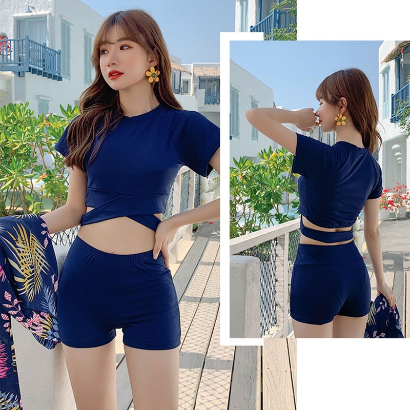 Bộ Đồ Bơi Ba Mảnh Gồm Áo Croptop + Chân Váy Ngắn Cột Dây Thời Trang Cho Nữ