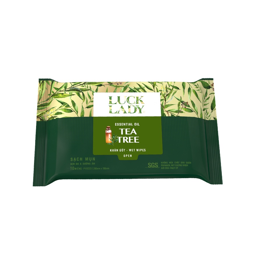 Khăn giấy ướt Luck Lady Tea Tree 10 tờ tiết chế da dầu và ngăn ngừa mụn Tinh dầu tràm trà