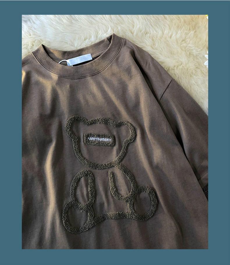 Áo thun ngắn tay họa tiết thêu hình gấu thời trang mùa hè 2021 dành cho nữ