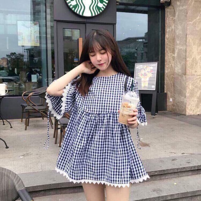 Áo baby doll caro phối ren form rộng
