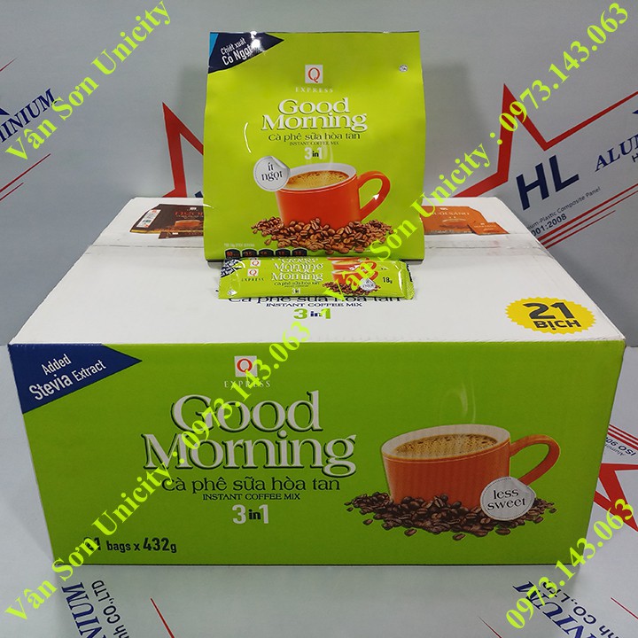 Thùng cà phê sữa ít ngọt Good morning Trần Quang 21 bịch 432g (24 gói dài nhỏ * 18g)