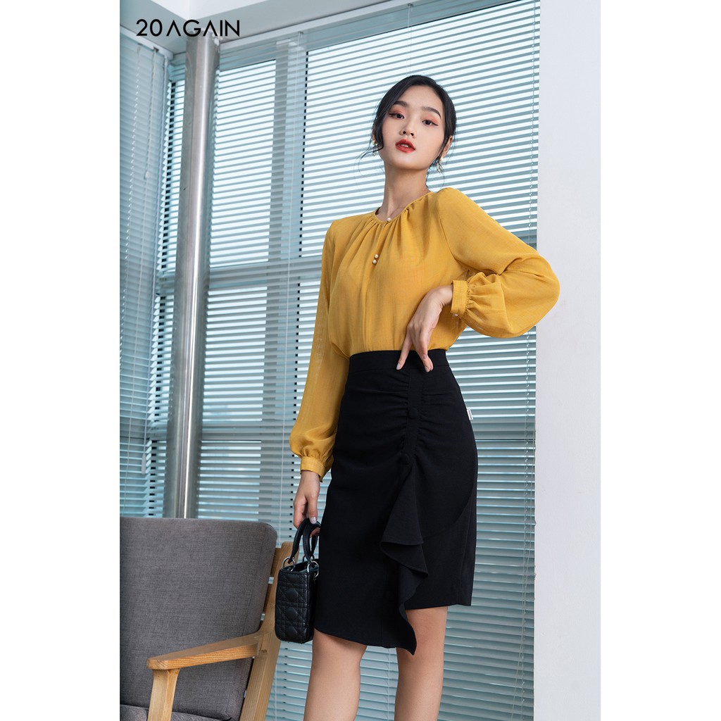 Áo sơ mi dài tay dúm cổ trơn màu ASA0988 20AGAIN