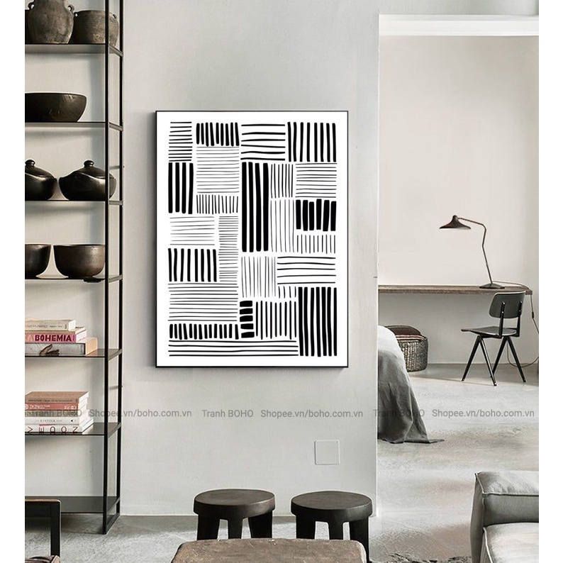 Tranh BOHO trừu tượng trắng đen 50*70cm - Tranh Canvas Decor treo tường - Tặng đinh 3 chân treo tranh, BH 12 tháng