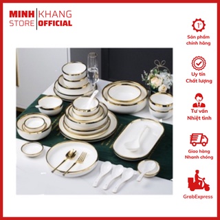 Bộ Bát Đĩa Sứ Màu Trắng Viền 26 Chi Tiết Vàng Sang Trọng, Viền Vàng 24K, Nhiều Màu Sắc Lựa Chọn Quà Tặng Tân Gia.
