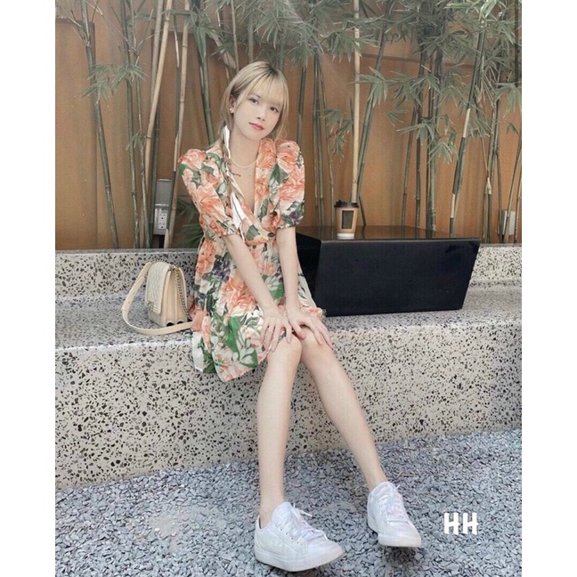váy hoa tay lỡ tay bồng vai bồng cổ vuông xếp ly dáng xoè dài maxi ôm eo sang chảnh đi tết đi chơi