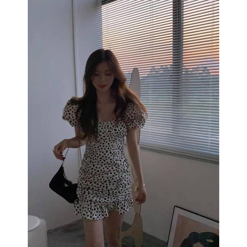 Váy đầm nữ cúp ngực đốm trắng dúm bèo chất lụa mềm mịn co giãn chân váy cá