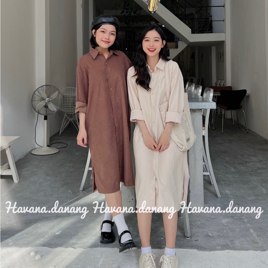 Đầm sơ mi dáng suông chất nhung AE61