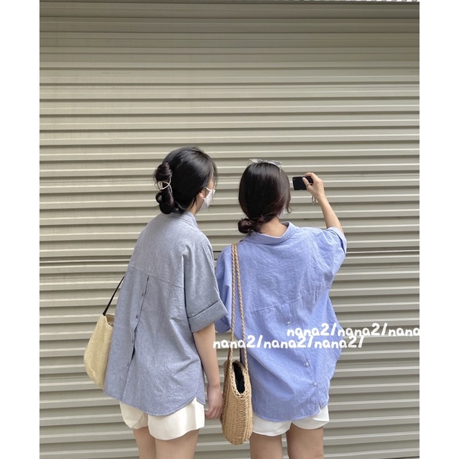 Áo sơ mi kẻ cách điệu hàng khuy sau ĐEN/TRẮNG/XANH Nana21 Nanastore21