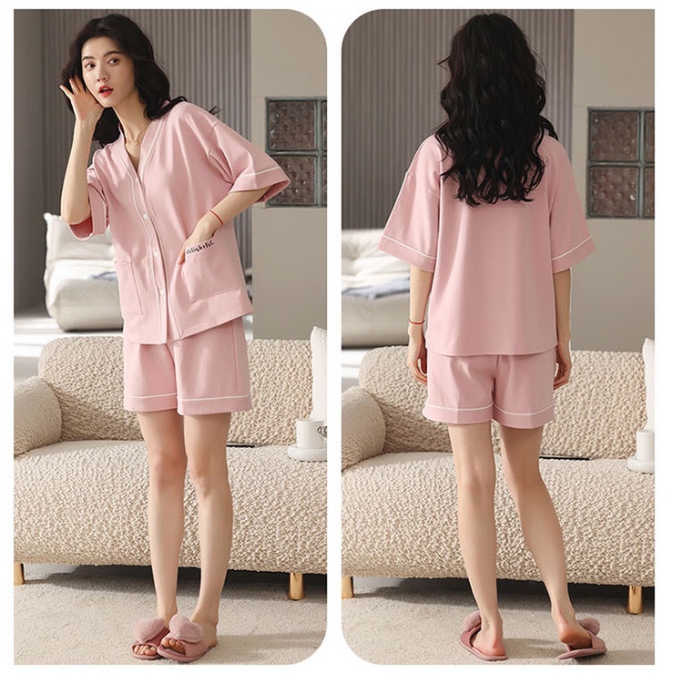 💃 Bộ Pyjama Nữ Phối Viền Caro Cộc Tay Ống Rộng 3 Màu