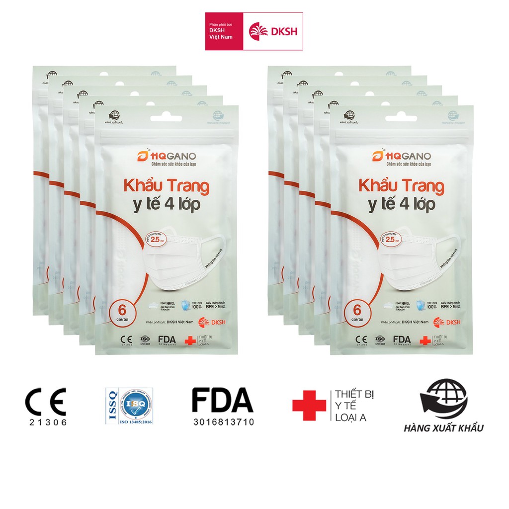 Combo 8 Gói khẩu trang y tế quai thun 4 lớp HQGANO  kháng khuẩn, đạt chuẩn xuất khẩu, không mùi, chất liệu cực mềm mại