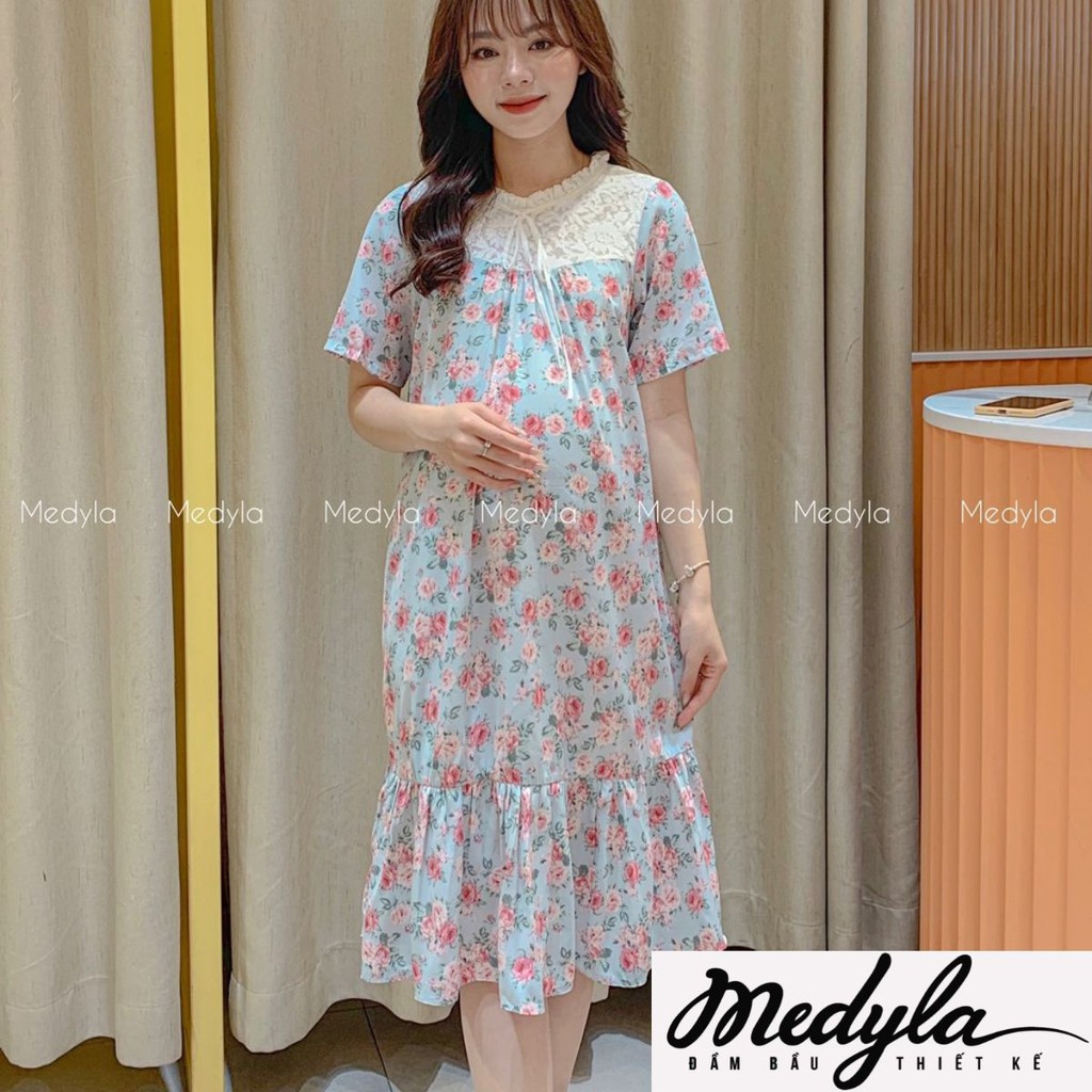 Váy bầu mùa hè hoa xanh mát cho bầu tự tin đi chơi, du lịch - Đầm bầu dự tiệc thiết kế Medyla - VS612