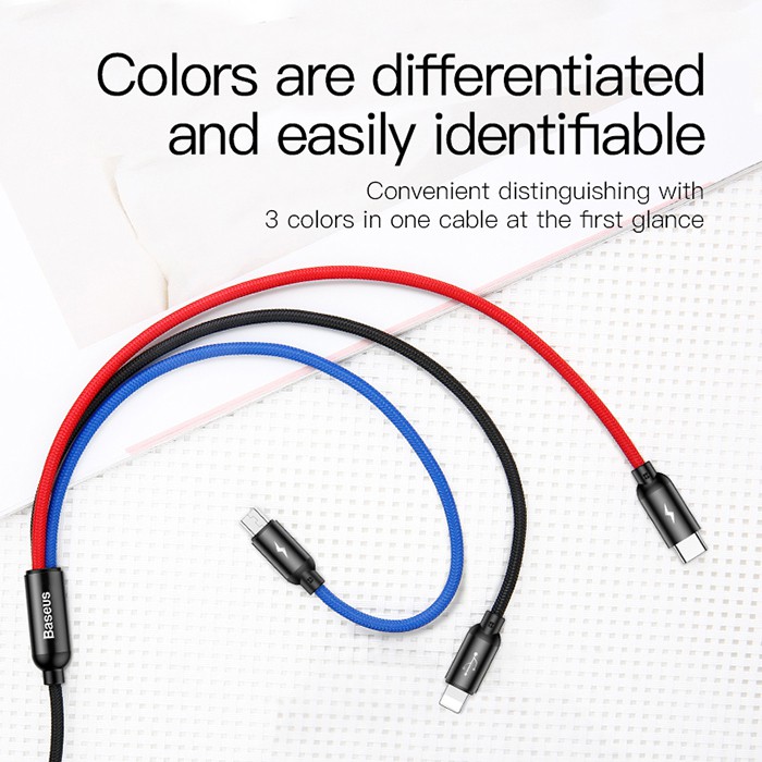Cáp sạc 3 đầu Baseus Three Primary Colors CAMLT-ASY01 dài 30cm/120cm cổng LN/MicroUSB/TypeC bọc dù