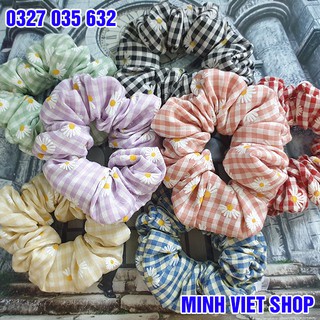 Cột tóc, buộc tóc vải scrunchies kẻ caro hoa cúc cho nữ