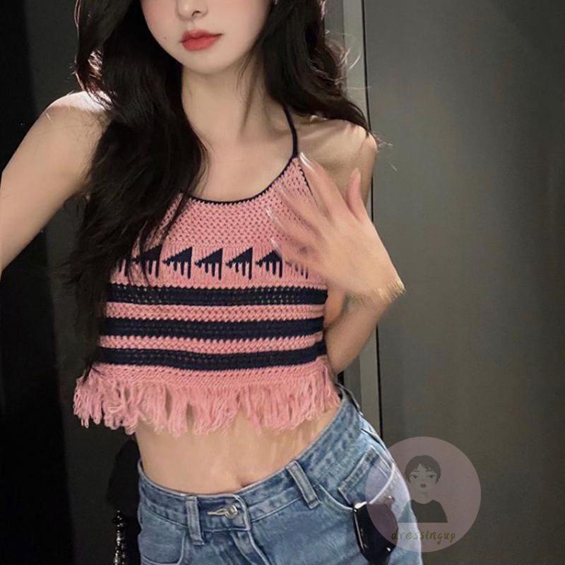 Áo Tank Top Hai Dây Hở Lưng Họa Tiết Kẻ Sọc Phối Tua Rua Cho Nữ