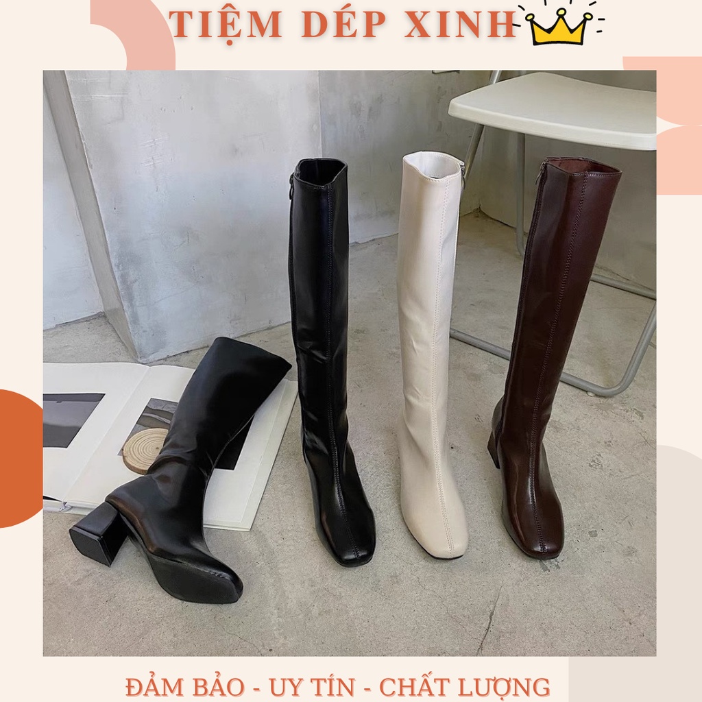 Bốt cao cổ nữ, giày boot thời trang dưới gối gót vuông khóa cạnh đi cực sang, phù hợp với nhiều phong cách phối đồ