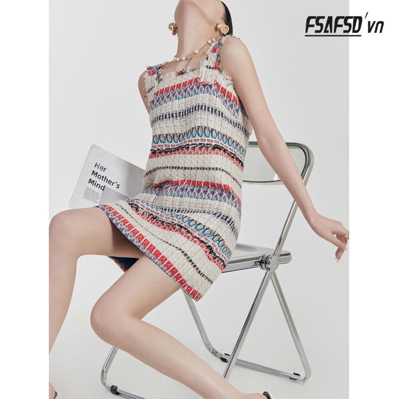 Đầm Dệt Kim Hai Dây Họa Tiết Kẻ Sọc Thời Trang Mùa Hè Retro Dành Cho Nữ