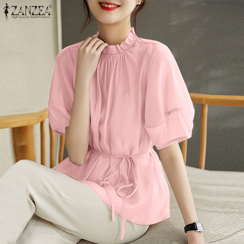 Áo kiểu Zanzea tay phồng ngắn cổ đứng phối bèo và dây thắt nút thời trang thanh lịch cho nữ