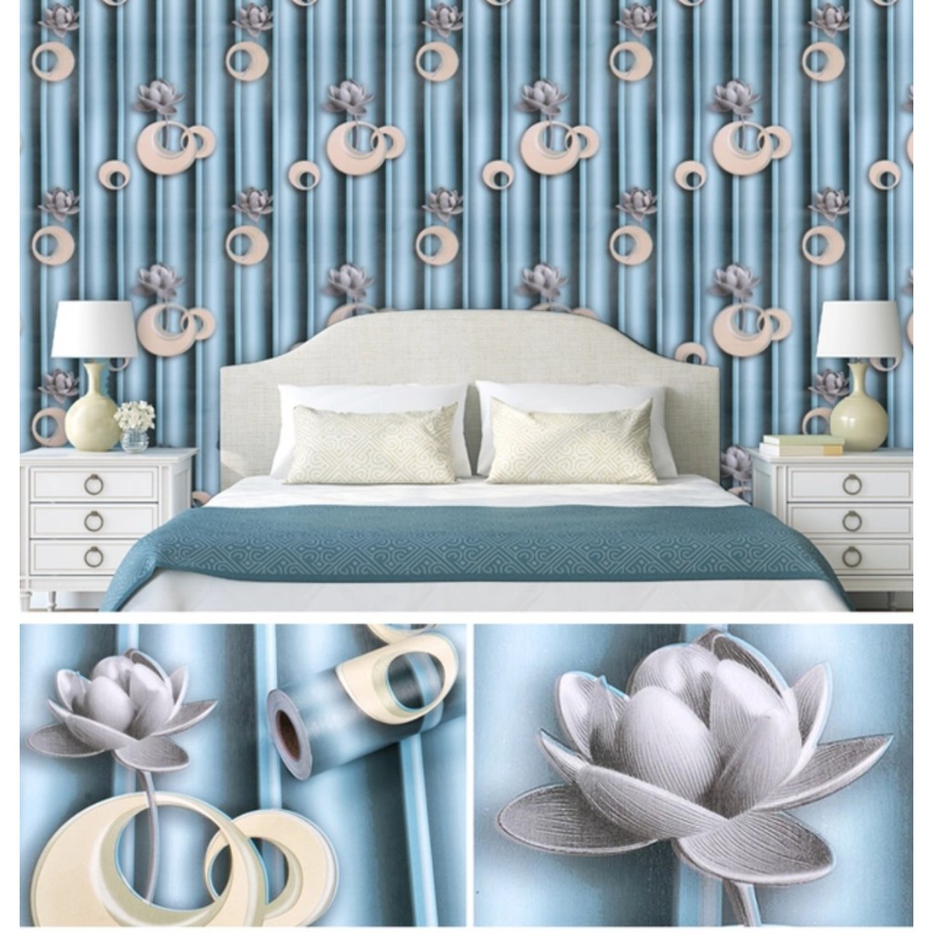 Decal giấy dán tường hoa sen 3D màu xanh khổ 45cm keo sẵn