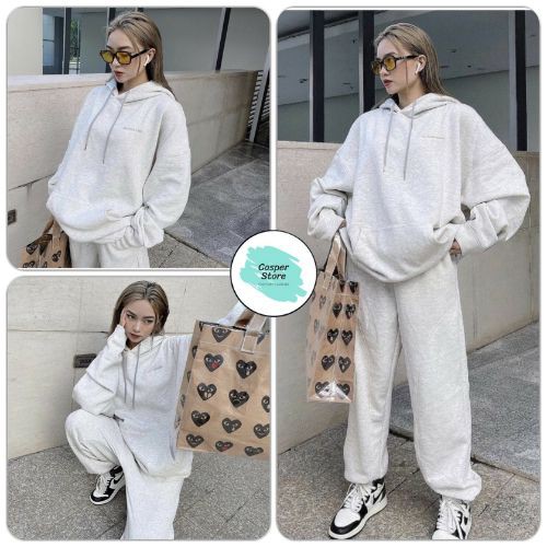 Set Nỉ Xám Bad Nữ ⚡ Casper.Store | FREESHIP | ⚡ Bộ quần suông áo dài tay form rộng thiết kế đơn giản HOT