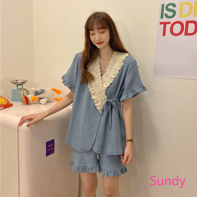 Bộ Đồ Ngủ Ngắn Tay Phối Ren Phong Cách Kimono Nhật Bản Dành Cho Nữ