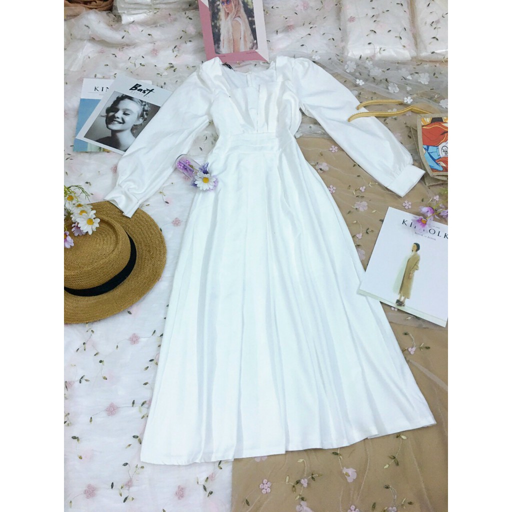 Đầm thiết kế dự tiệc midi tay dài - váy trắng nude đỏ | BigBuy360 - bigbuy360.vn