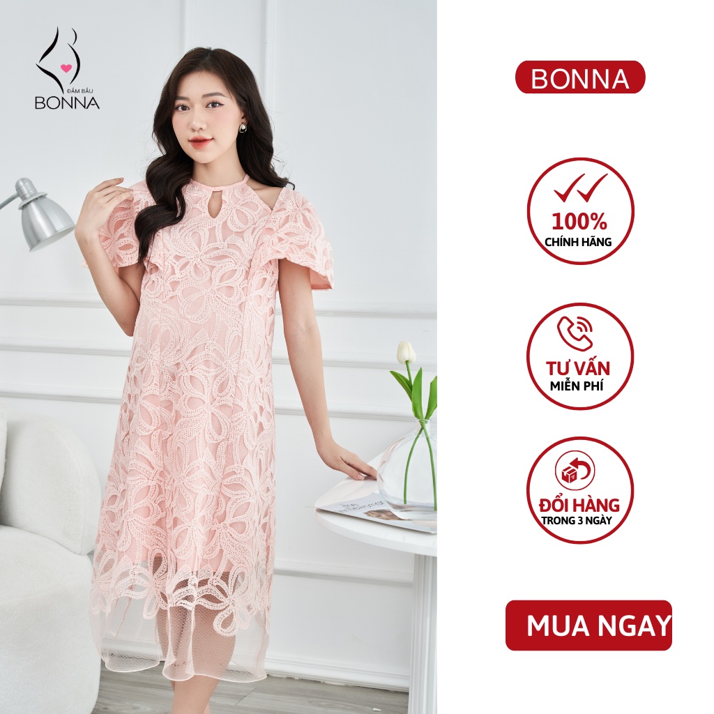 Váy bầu mùa đông BONNA chất ren cao cấp, thiết kế phần cổ yếm khác biệt tạo điểm nhấn cực xinh, mặc mềm và ấm áp VS250