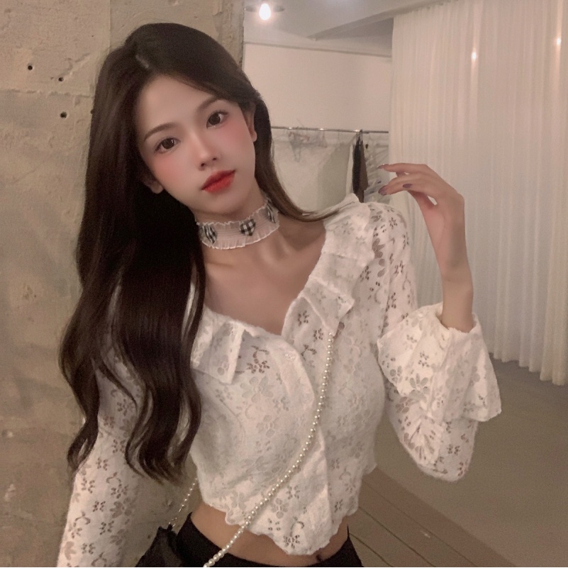 Áo kiểu tay dài cổ búp bê phối ren thời trang mùa thu