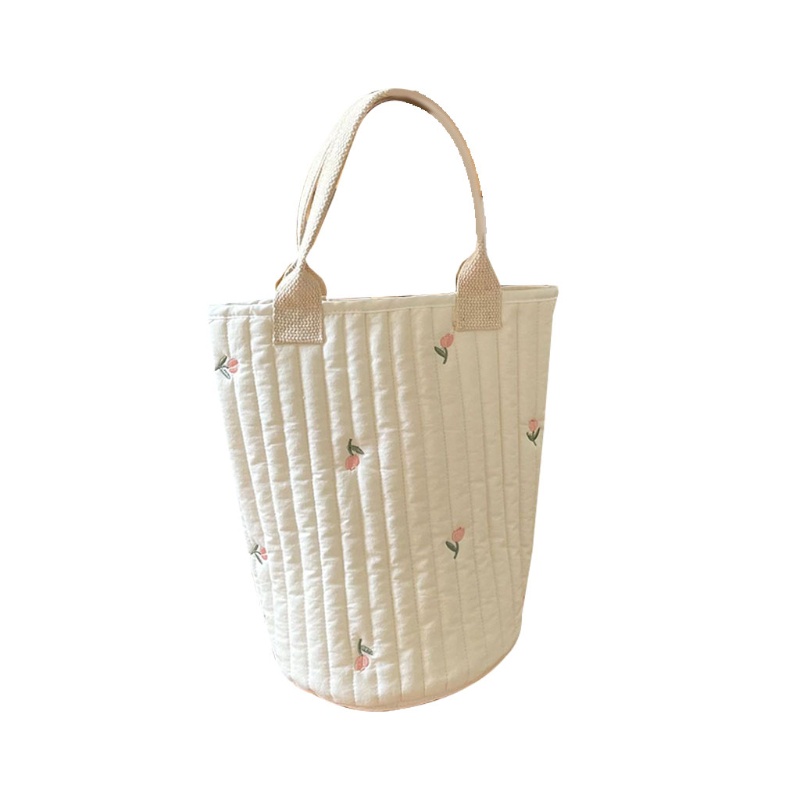 Túi Tote Vải Cotton Mềm Thêu Hình Hoa Tulip Màu Be Gắn Xe Đẩy Em Bé