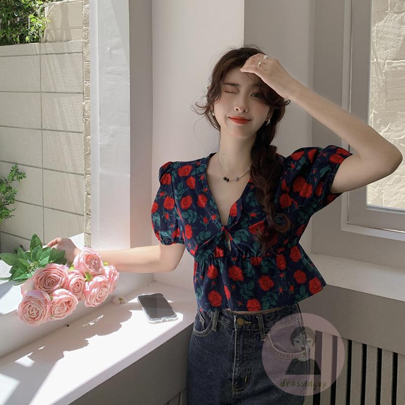 Áo Thun Ngắn Tay Cổ Chữ V Thắt Nút Trước In Họa Tiết Hoa Hồng Cho Nữ