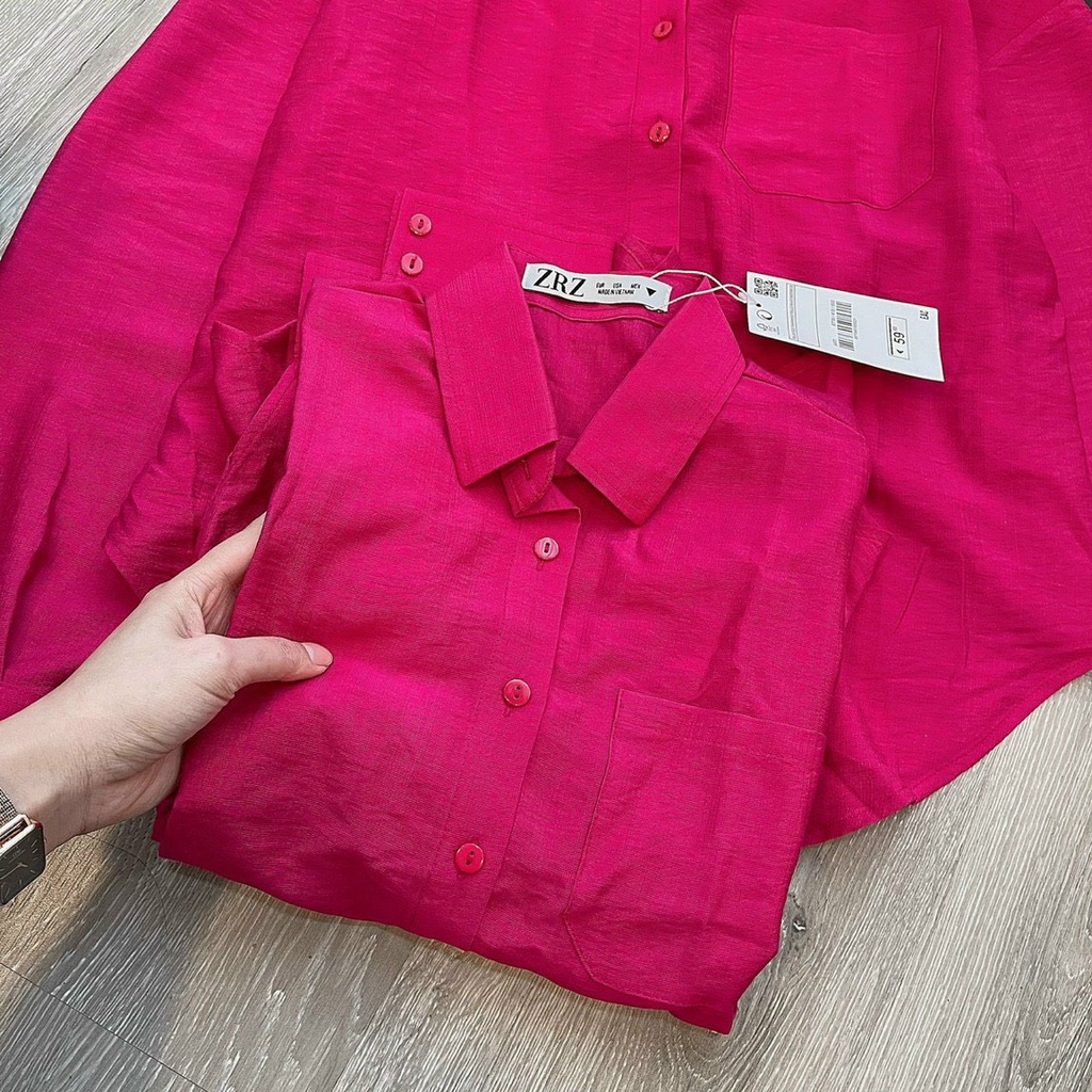 Áo sơ mi túi màu hồng đậm hot trend chất đũi mát form rộng đuôi tôm vanmiushop